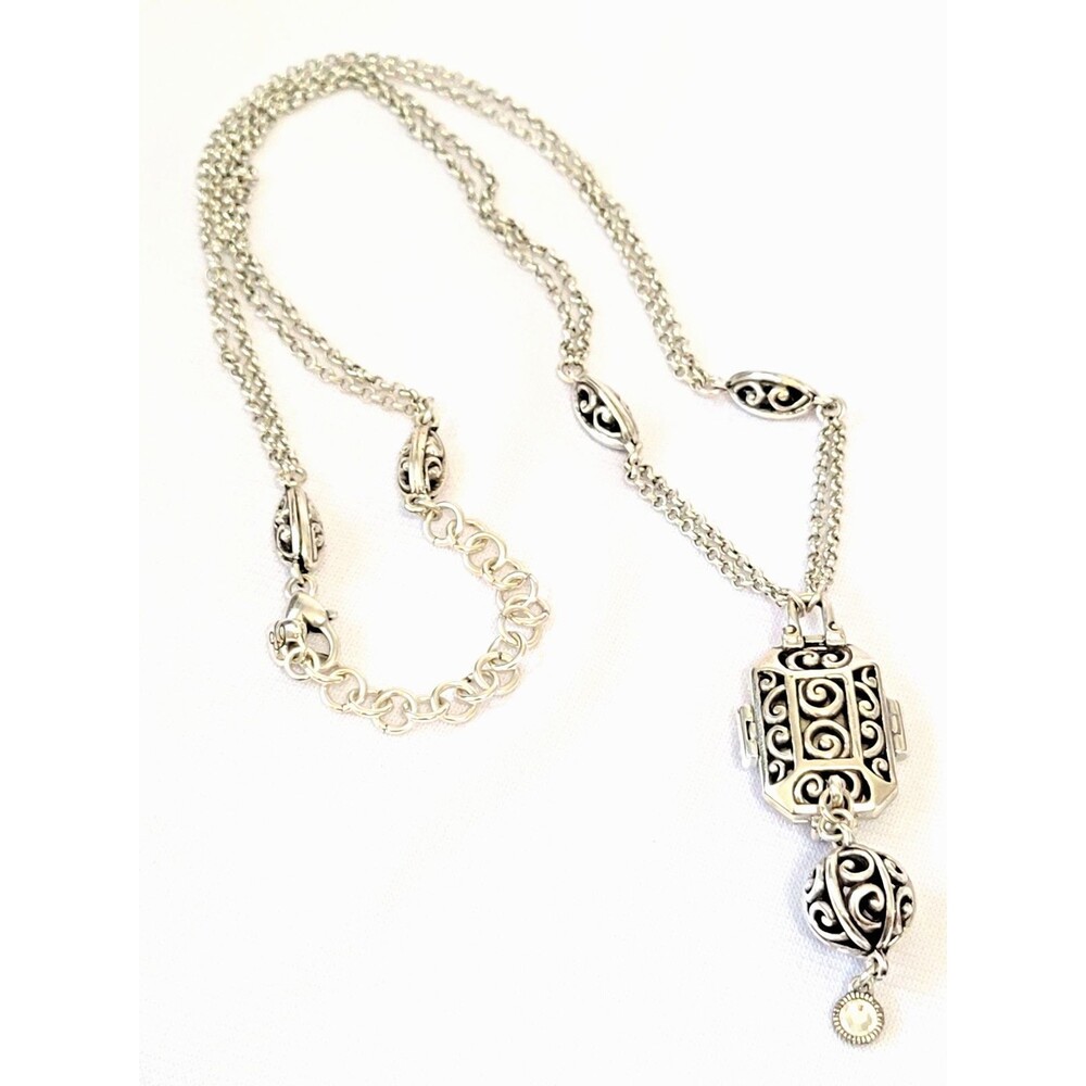 BRIGHTON Reversible Double Strand Chain Crystal Pendant Necklace silvertone